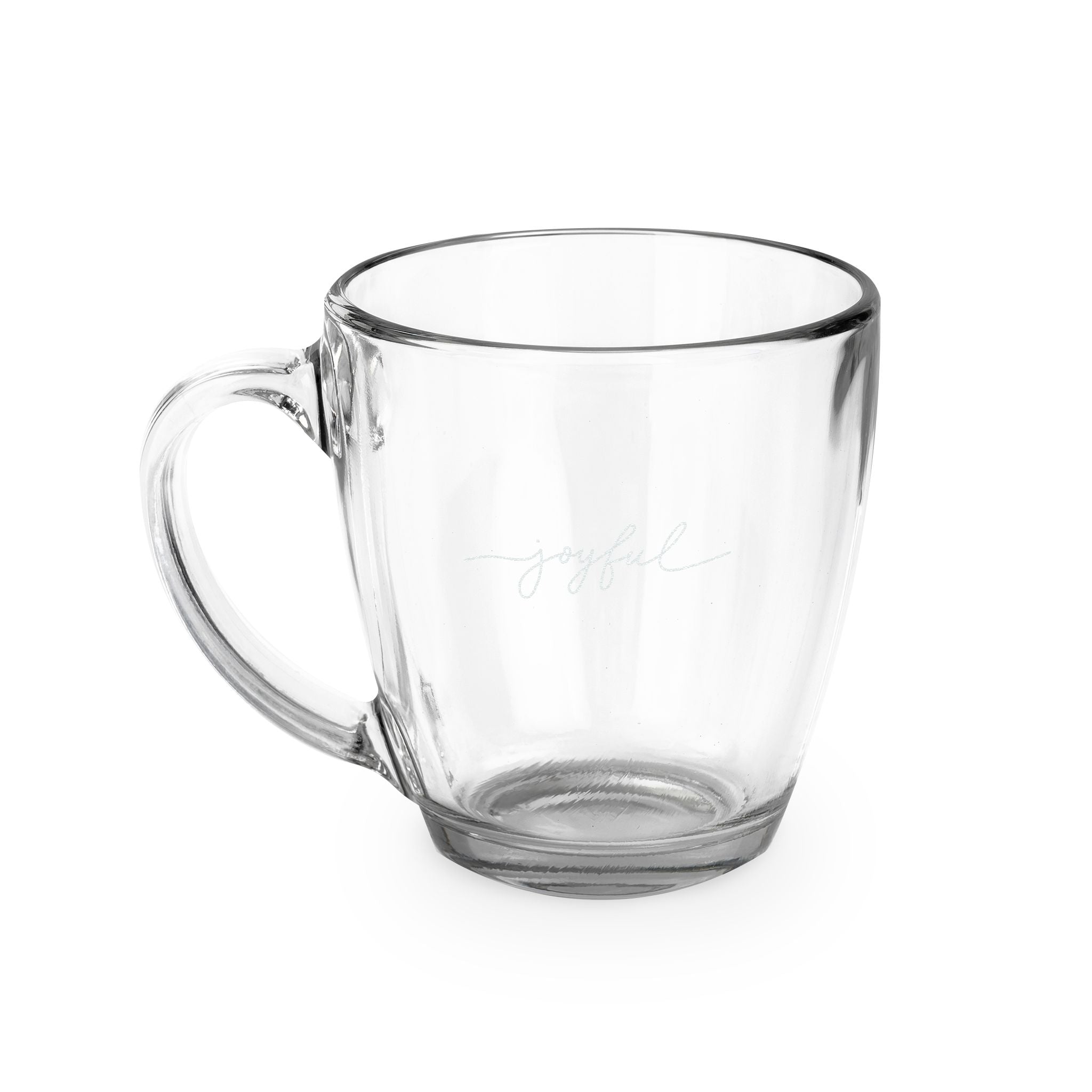 Engraved Glass Mug – 'joyful' Script 15.5 oz Tapered Coffee Cup